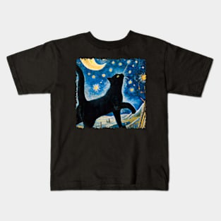 Starry Night Black Cat Van Cogh Kids T-Shirt